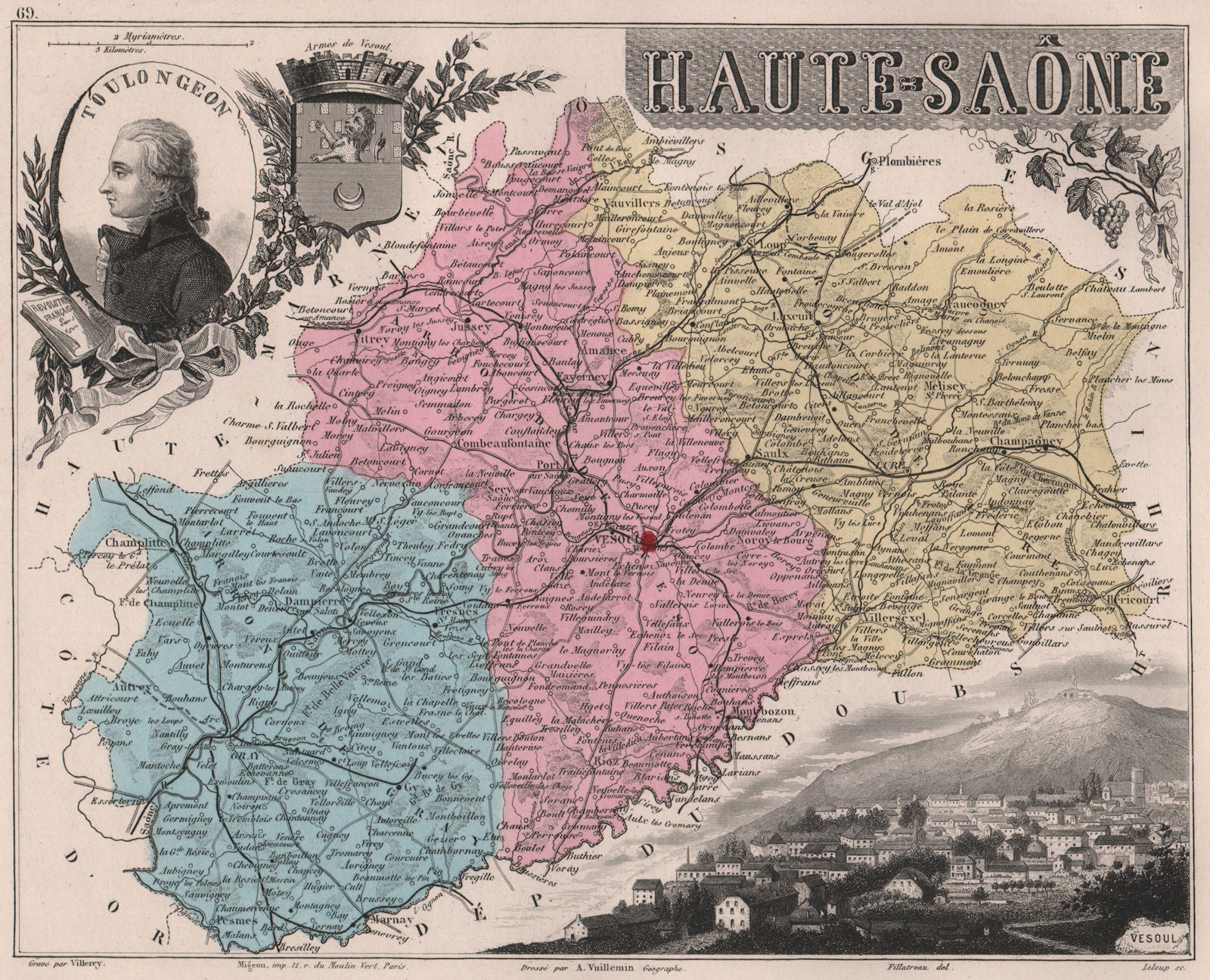 HAUTE-SAÔNE. Département. Vesoul. Toulongeon. VUILLEMIN 1879 old antique map